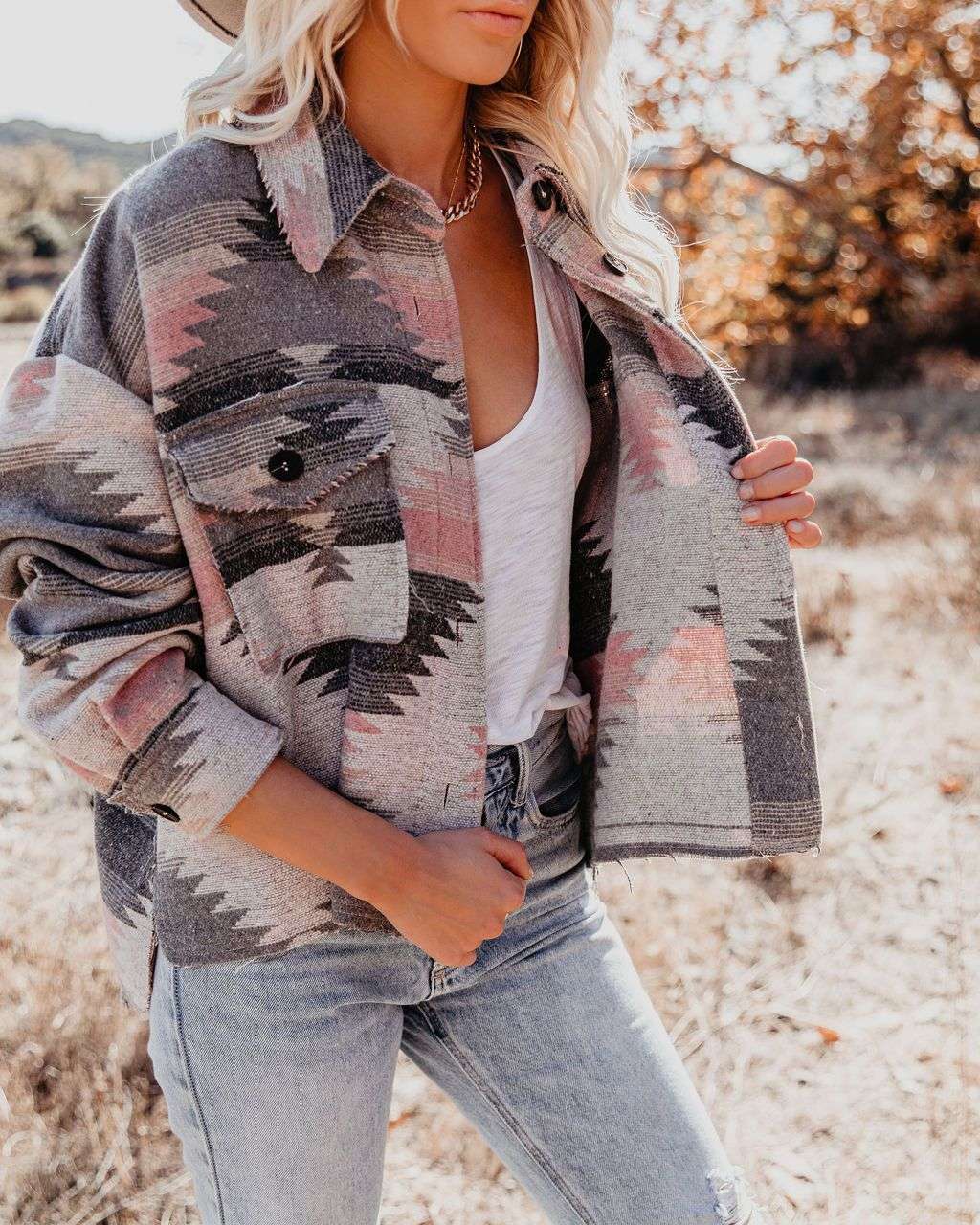 Fashion Vintage Print Long Sleeve Loose Jacket - S, Multi Pink image