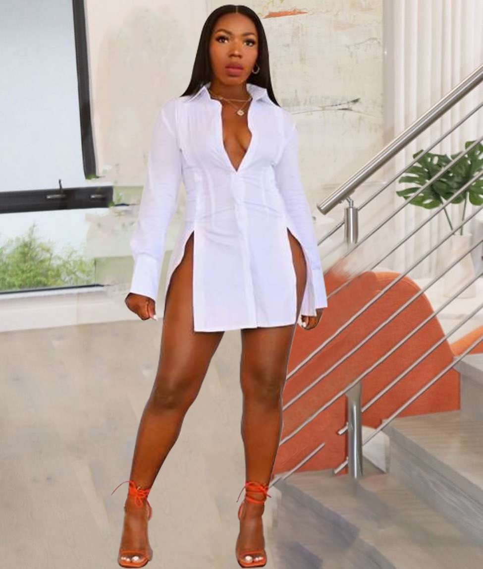 Long Sleeve Casual Blouse Shirt Dress - XL, White image