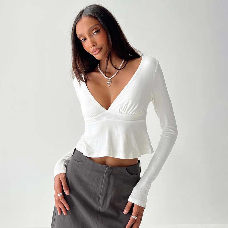 V-Neck Long-Sleeve Peplum Top - L, White image