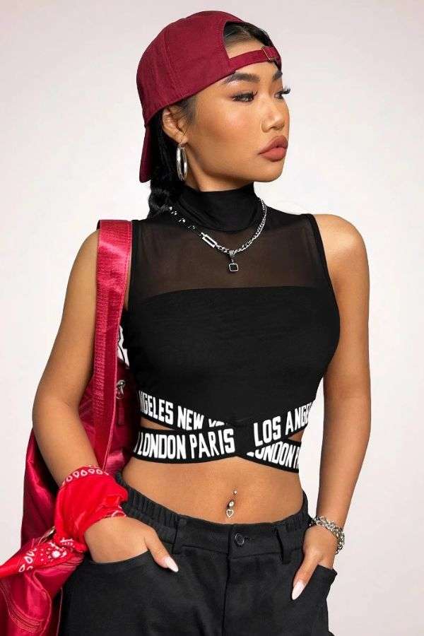 Crop Top Tank with Text & Side Ribbon Details image 1