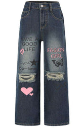 Graffiti Print Ripped Denim Pants - S, Dark Blue image
