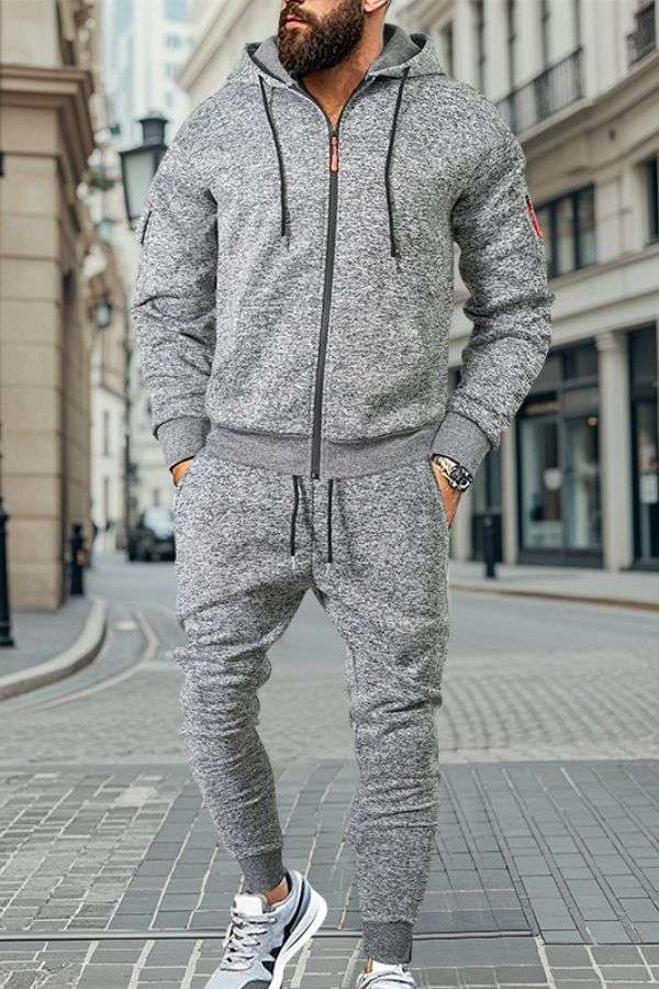 Two Pieces Solid Color Hoodie Tracksuit, Activewear - XL, Grey image