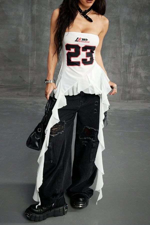 Racer-Style Strapless Top with Ruffled Hem - M, White image