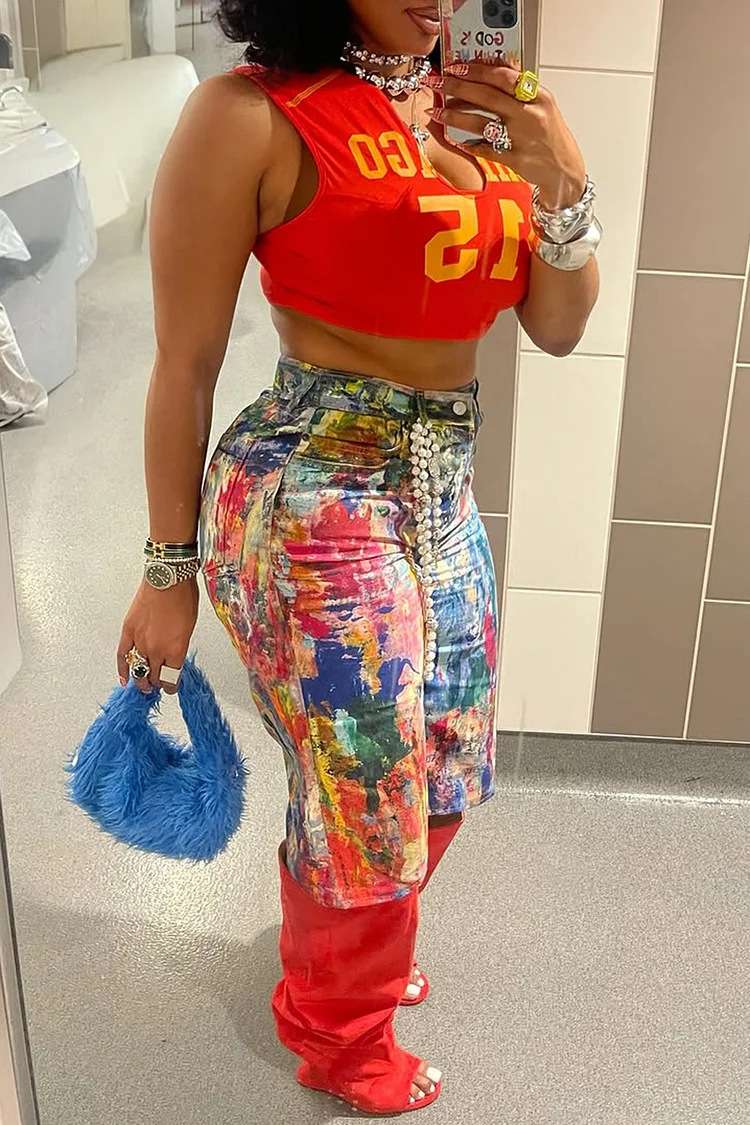 Abstract Paint-Splatter Wide-Leg Shorts - S, Red image