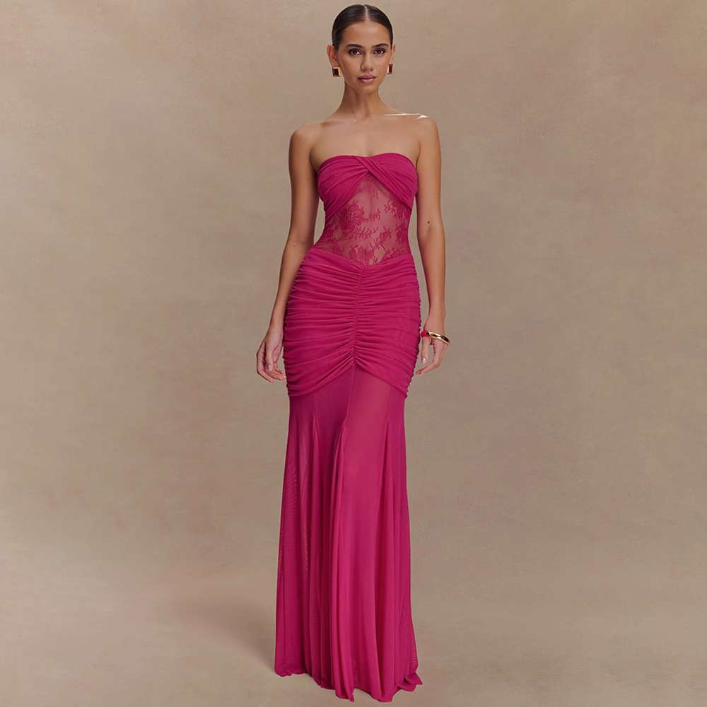 Strapless Ruched Maxi Dress with Lace - M, Rose image