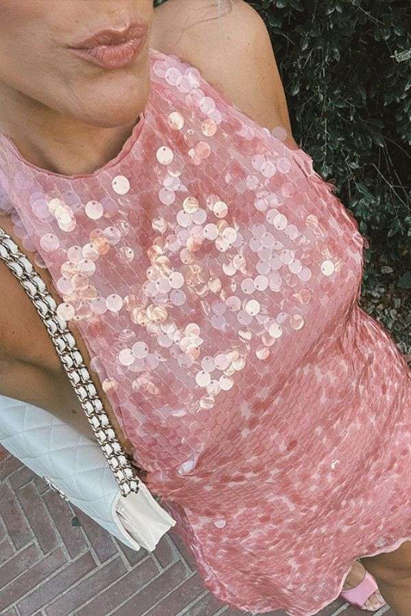 Pink Sequin Halter Mini Dress - S, Pink image