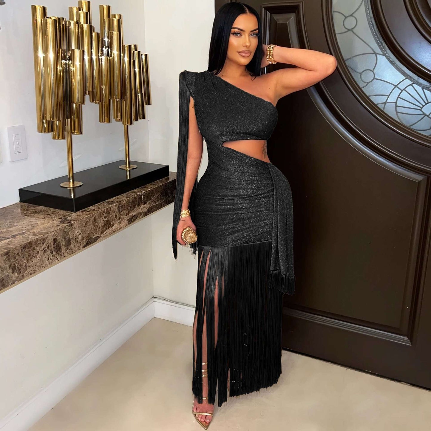 Fringe One-Shoulder Cutout Dress image 3