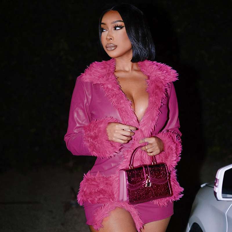 Fluff Lapel Coats Split Hem Skirt Set - S, Rose Pink image