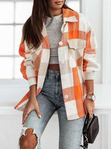Fashion Brushed Plaid Shirts  Shacket - L, Multi Orange image