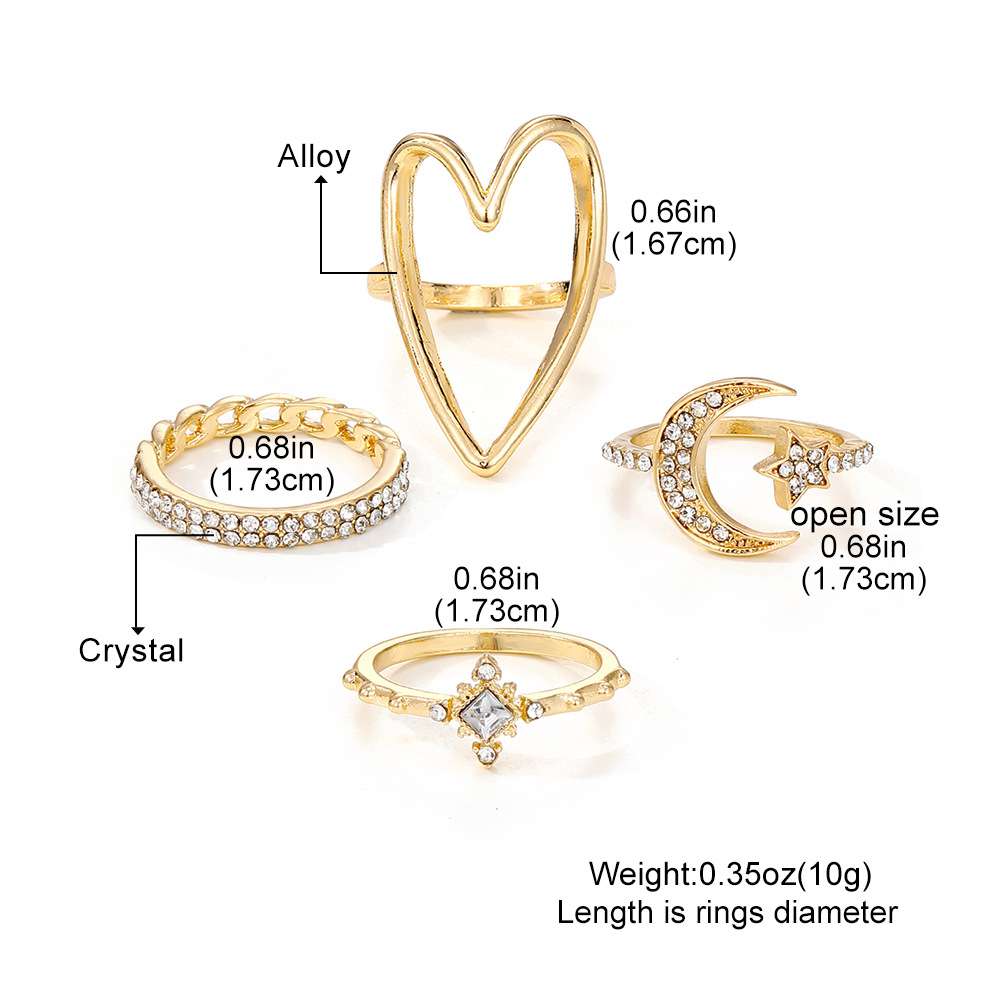 Ring Set - Heart, Moon, & Star Design - Free Size, Gold image