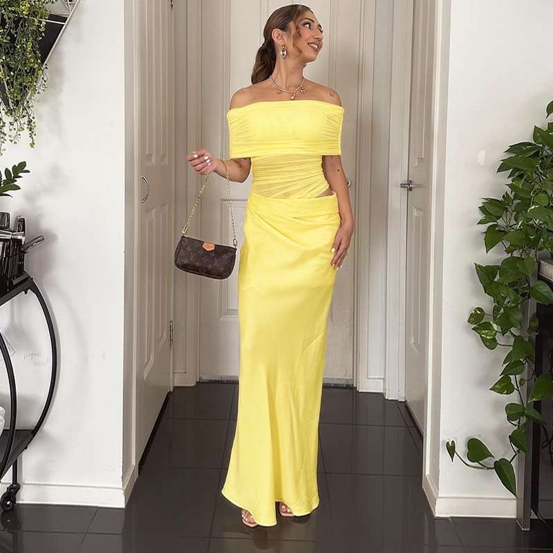 Off-Shoulder Mesh Maxi Dress - M, Yellow image