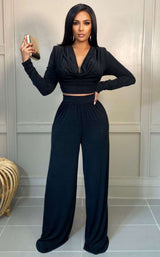 Backless V Neck Two Piece Set - M, Black image