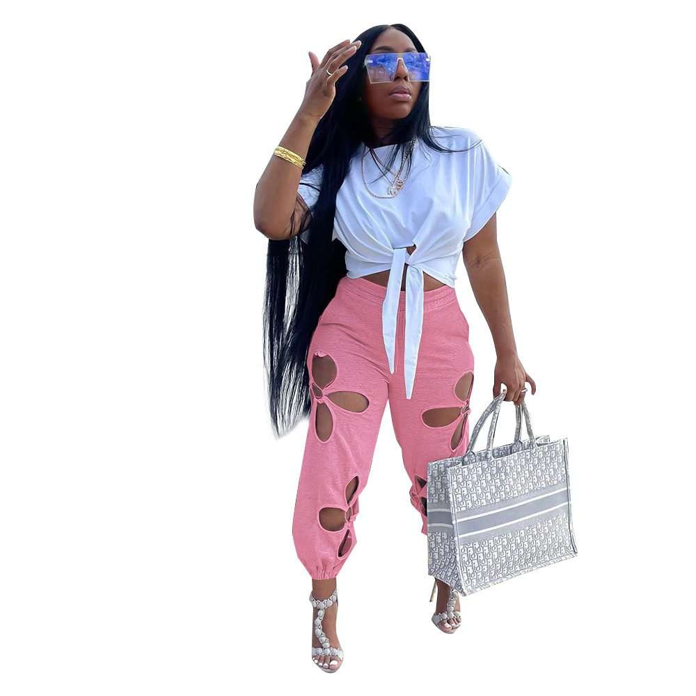 Hollow Out High Waisted Wide Leg Sweatpants - S, Pink image