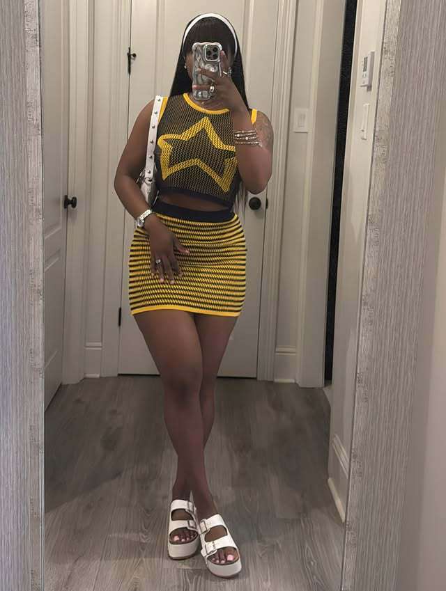 Striped Bodycon Skirt and Mesh Tank Top Set - M, Yellow image