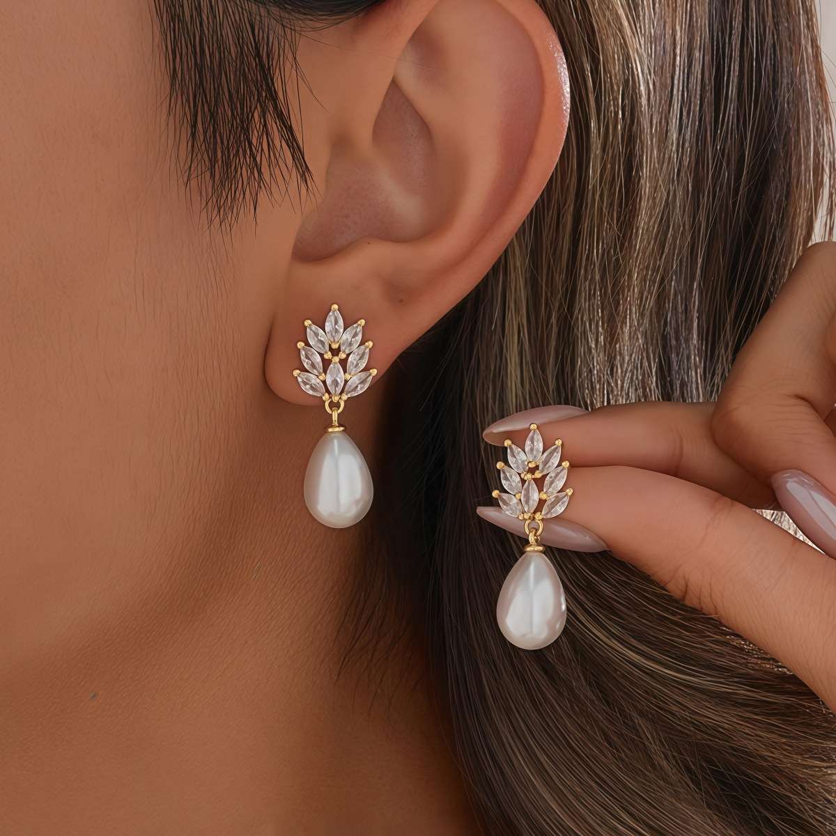 Leaf-Shaped Pearl Drop Earrings image 1