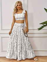 Floral Print Ruffle Crop Top & Maxi Skirt Set - L, Black image