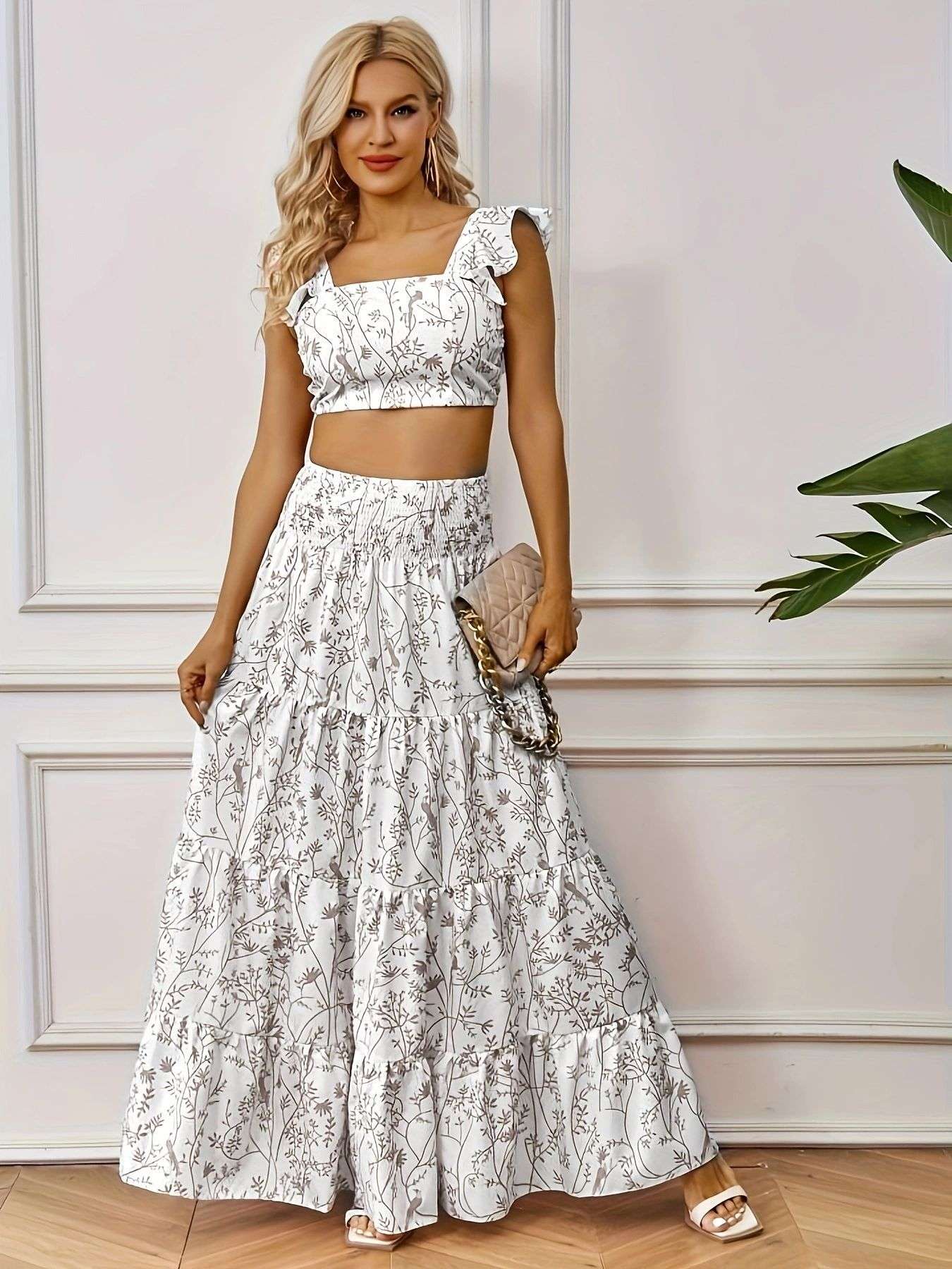 Floral Print Ruffle Crop Top & Maxi Skirt Set - L, Black image