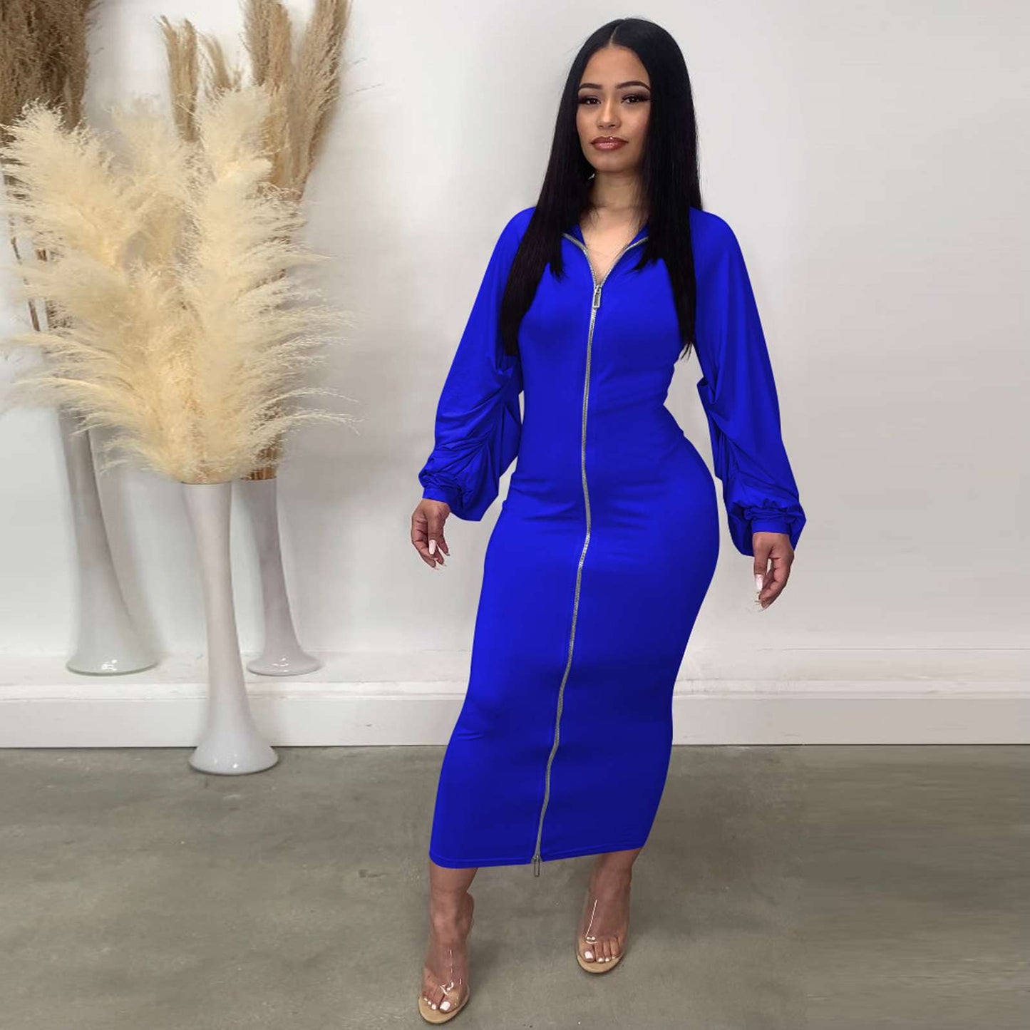 Zipper Design Bodycon Dress - L, Deep Cobalt Blue image