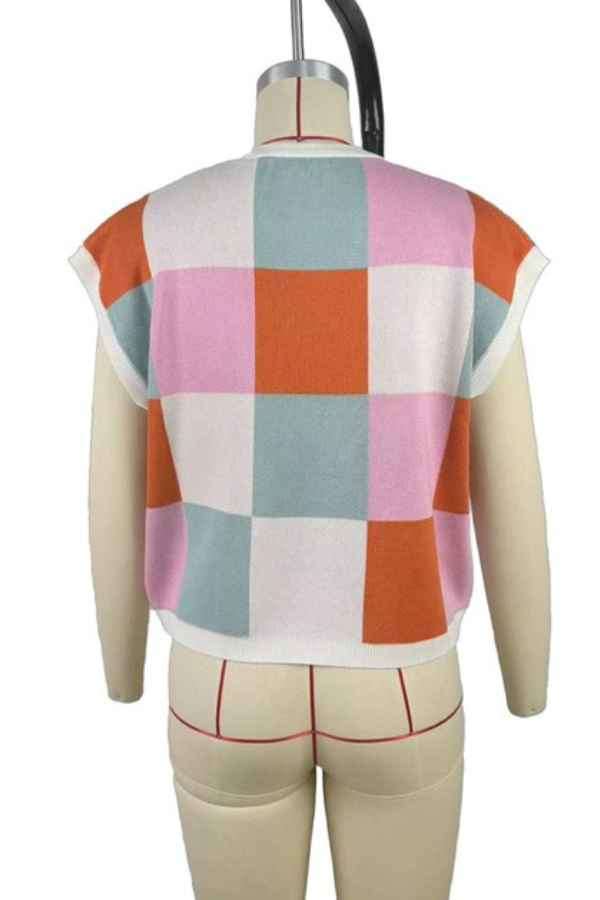 Multicolor Checkered Loose Fit Knitted Fashion Tee Top image 5