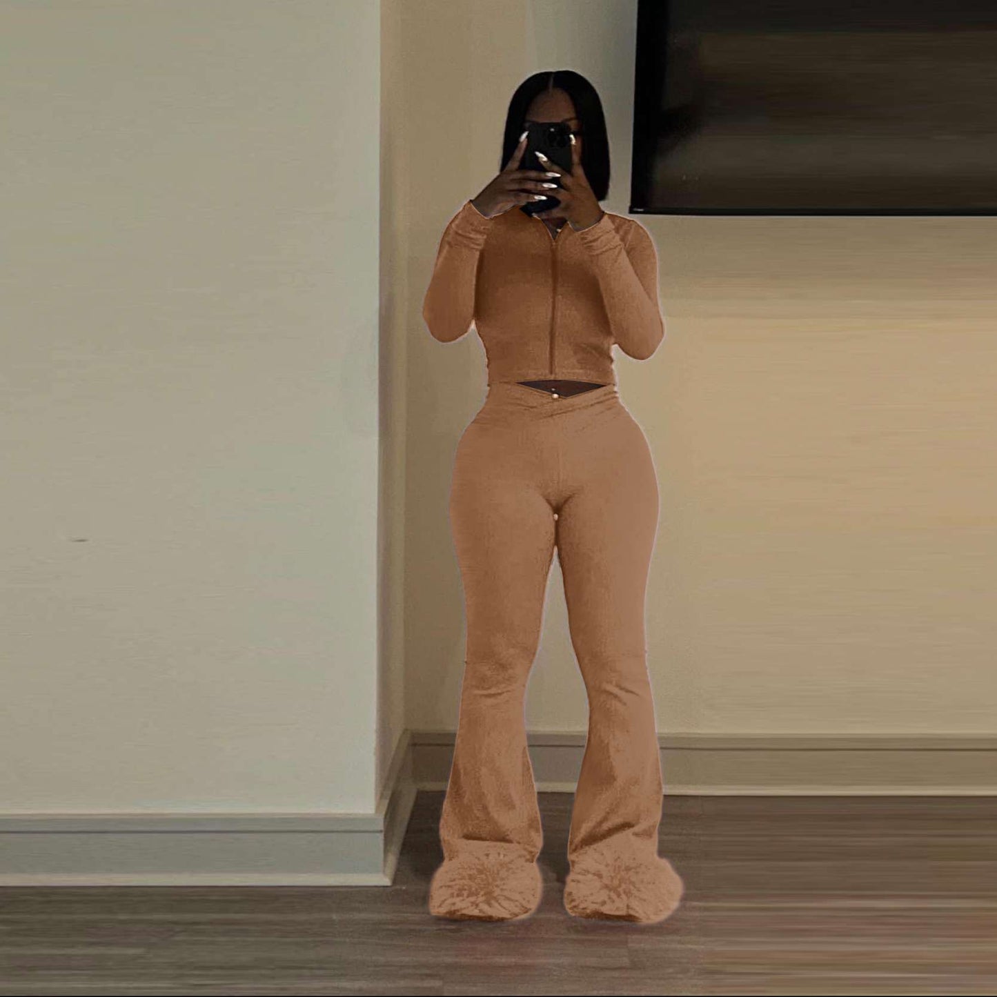 Solid Zipper Slim Two Piece Tracksuits Set - M, Arcadia Beige image