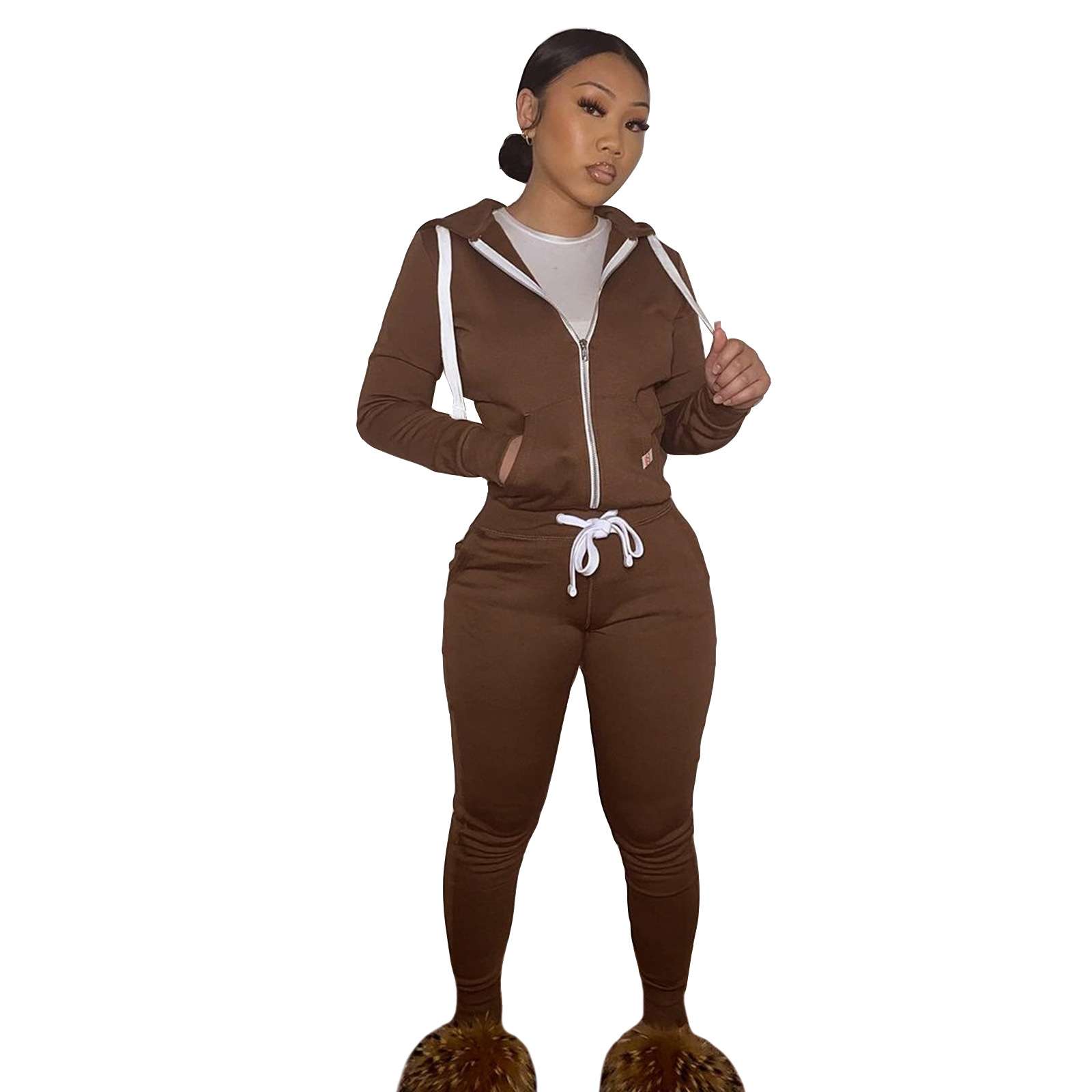 Hooded Coat and Pants Jogging Suit - M, Carob Brown image