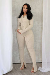 Activewear Set with Zip-Up Hoodie & Leggings - L, Beige image