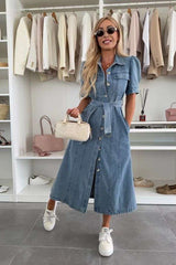 Belted Puff Sleeve Midi Dress - M, Blue image