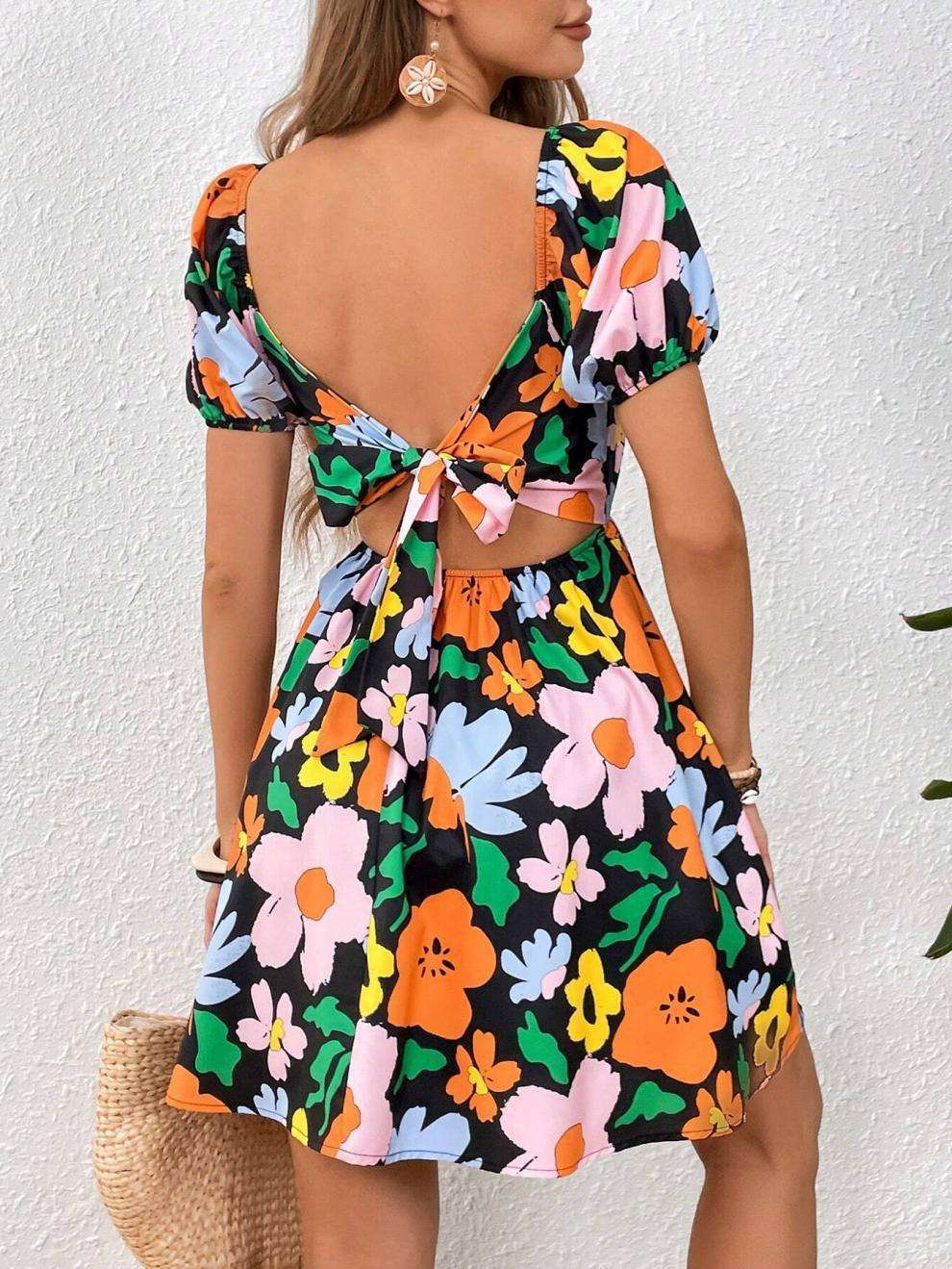 Floral Square Neck Dress with Puffed Sleeves image 2