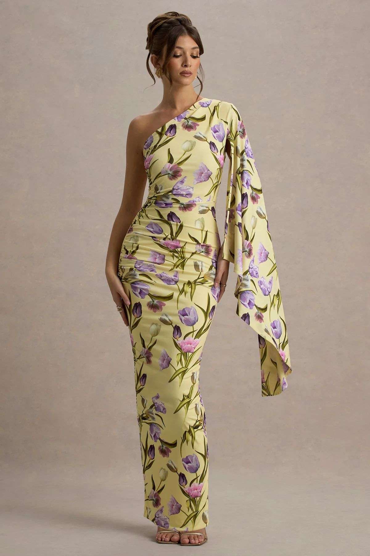 One-Shoulder Floral Ruched Maxi Dress image 7