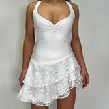 Sleeveless Dress with Lace Hem & Ruched Bodice - L, White image