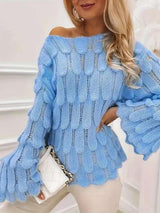 Flared Sleeves Slash Neck Sweater - S, Blue image