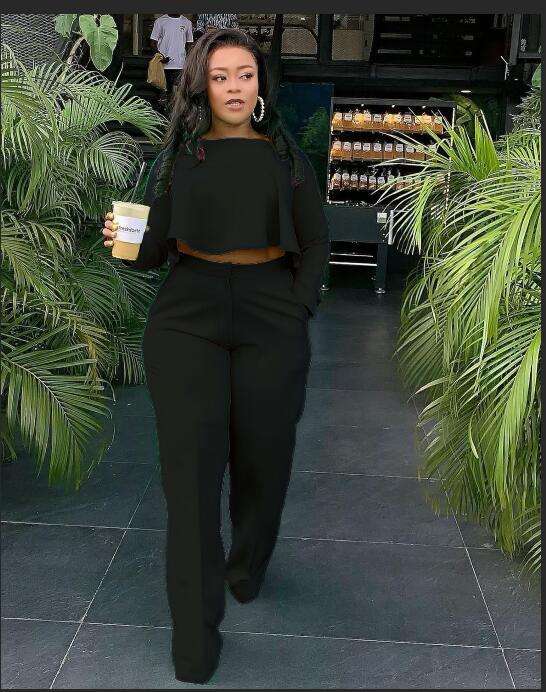 Crop Top Loose Pants Two Piece Casual Suits - XL, Black image