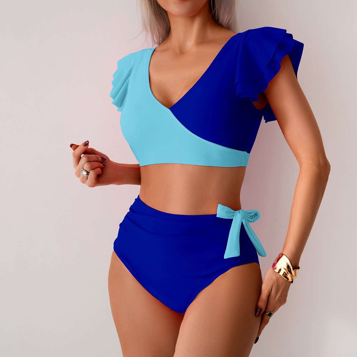 Two-Tone Ruffle Sleeve High-Waisted Bikini Set - M, Blue image