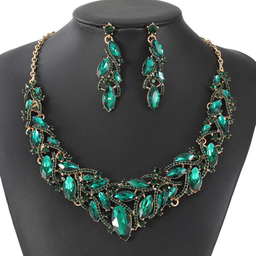 Crystal Leaf Necklace & Earring Set - Free Size, Green image