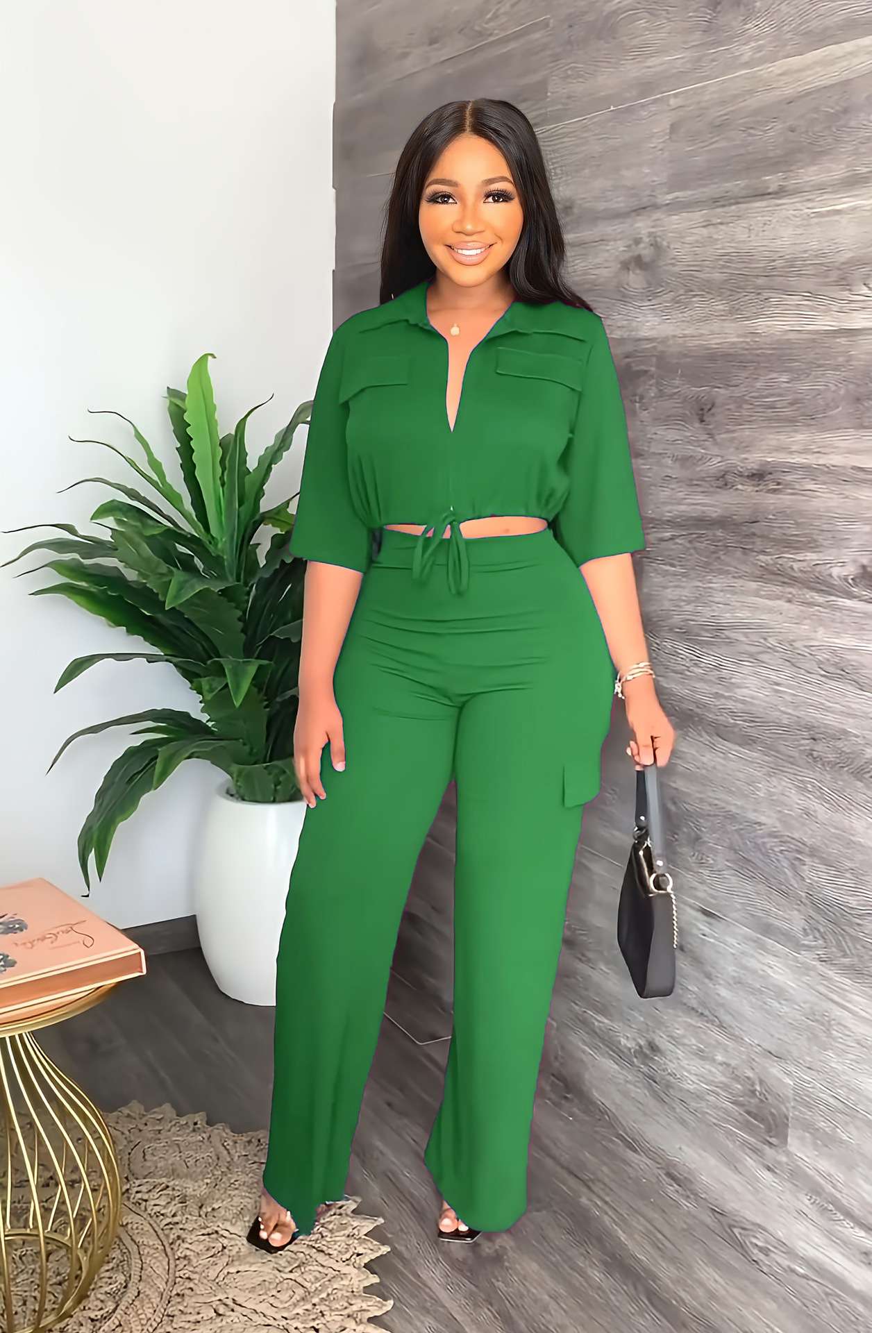 Casual Drawstring Top High Waist Pants Commuting Set - M, Green image