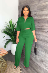 Casual Drawstring Top High Waist Pants Commuting Set - M, Green image