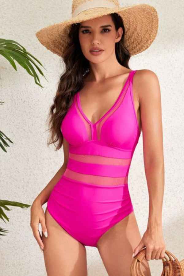 Sexy Mesh Patched V-Neck One Piece Swimsuit Bikini image 6