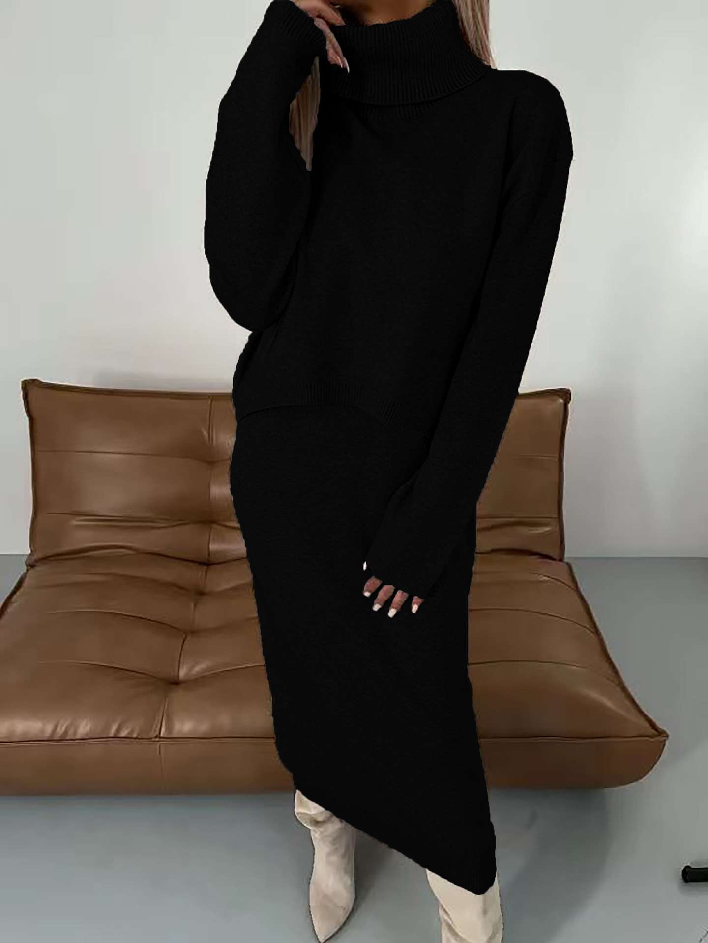 Turtleneck Sweater Two Piece Dress Maxi Skirt - L, Black image