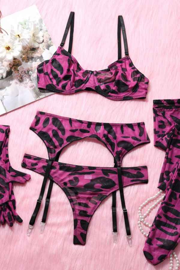 Sexy Printed Bodysuit Stockings Five Piece Lingerie Set image 7