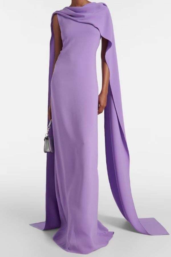 Pleated Maxi Dress with Draped Cape - Violet Purple, L image