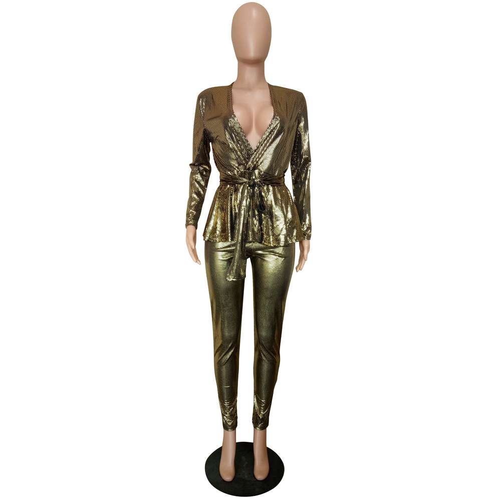 Sequin Long Sleeve Ruffle Hem Suit image 7