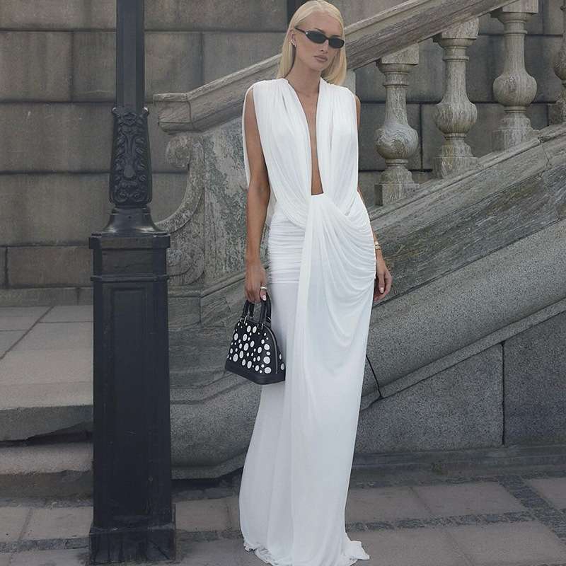 Elegant Draped Maxi Dress - S, White image