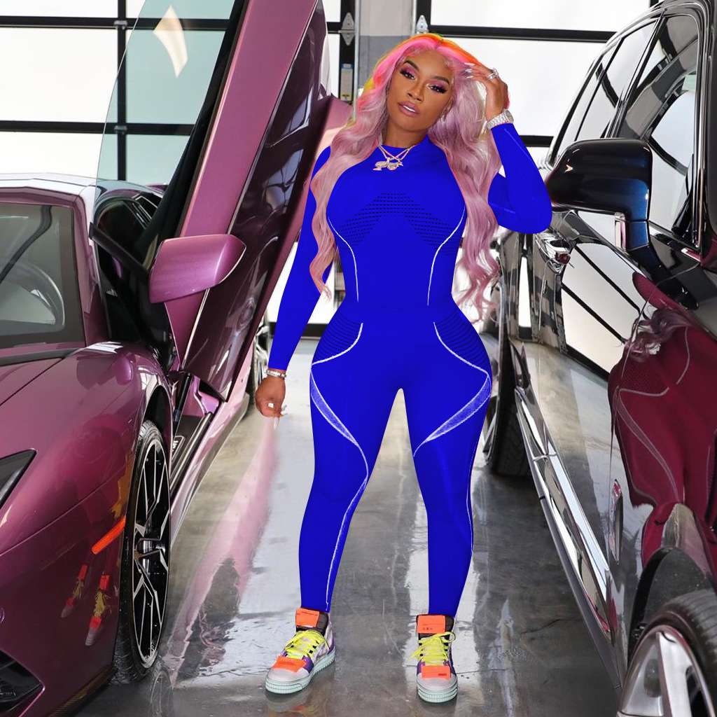 Casual Solid Long Sleeve Contrast Sexy Romper - L, Deep Cobalt Blue image