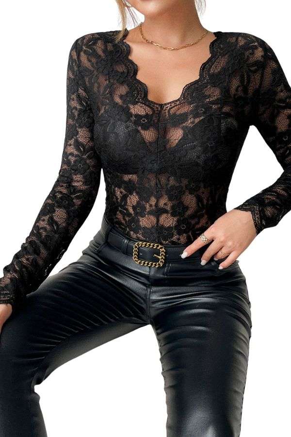 Floral Lace Tunic Top - L, Black image