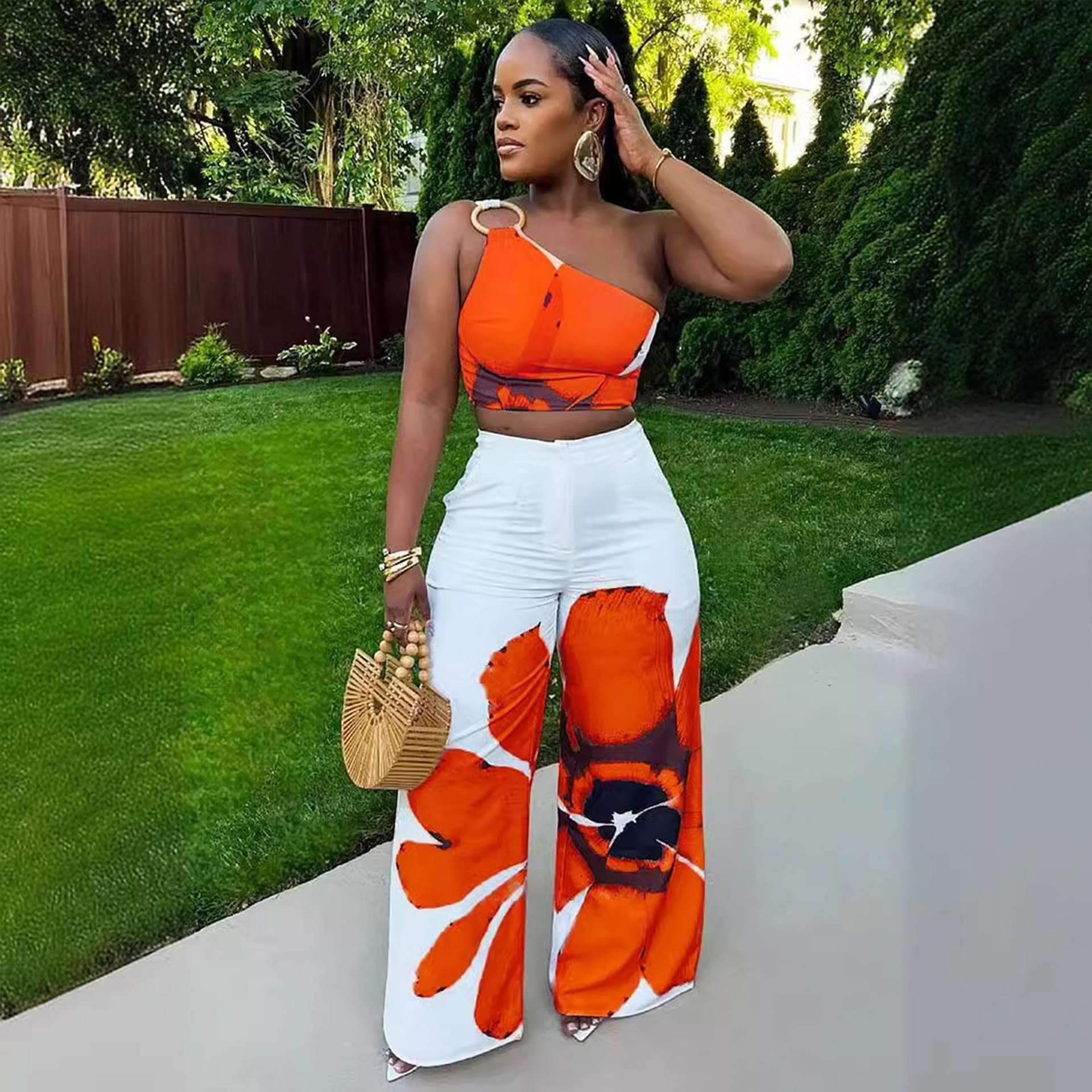 One-Shoulder Floral Two-Piece Outfit - M, Multi Orange image