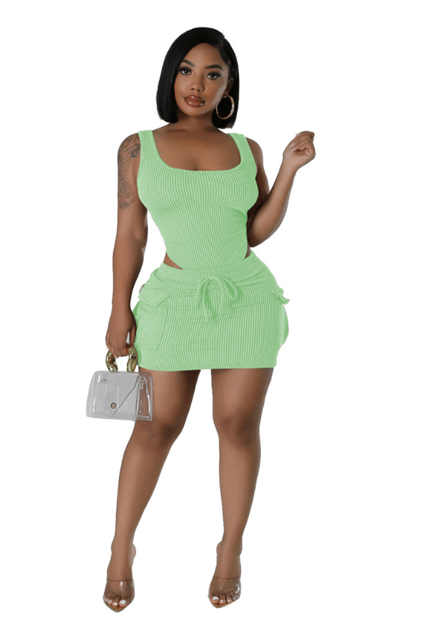 Stylish New Women Lowcut Sleeveless Drawstring Solid Bodycon Club Mini Dress2pcs image 4