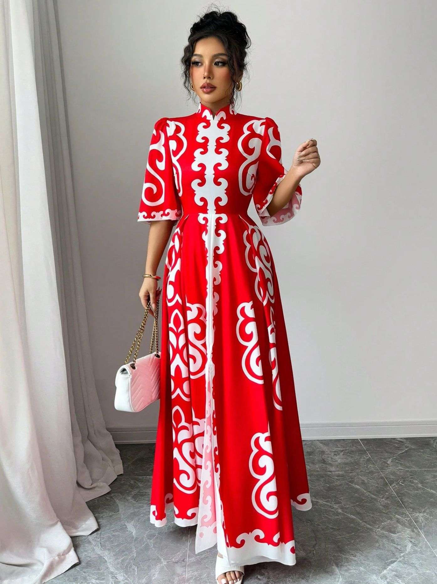 Patterned Maxi Dress with Short Sleeves image 3