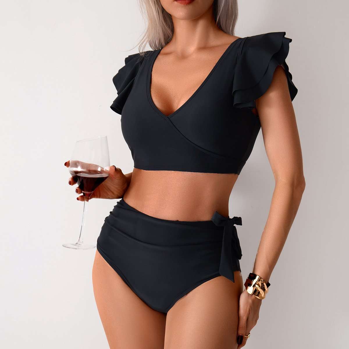 Two-Tone Ruffle Sleeve High-Waisted Bikini Set image 1