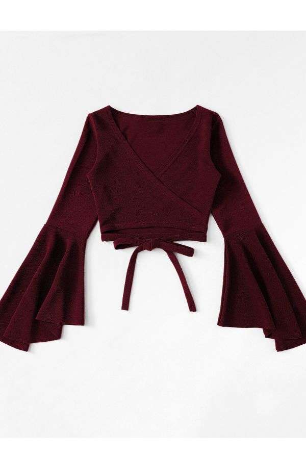 Bell Sleeve Tie Ups Crop Top - M, Maroon image