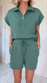 Casual Zipper Top & Drawstring Shorts Set image 1